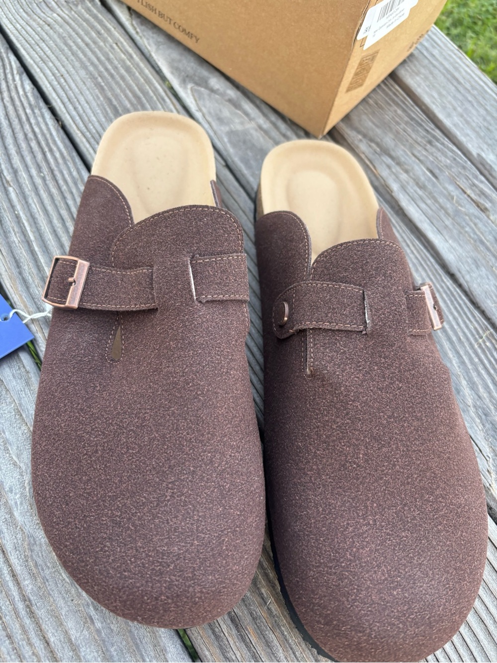 Brown Suede Slip-On Clogs with Adjustable Strap-NWT